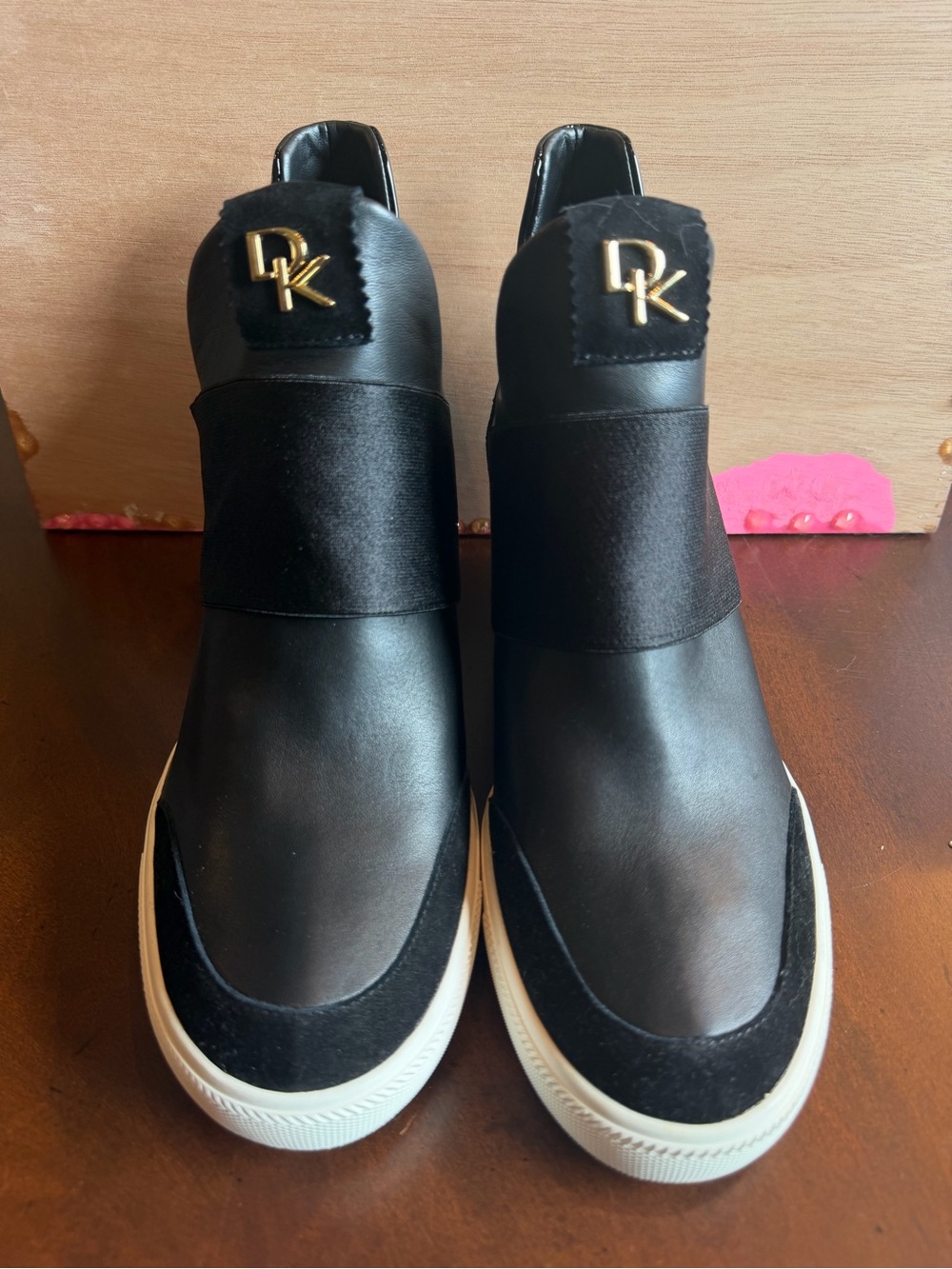 Donna Karan Cailin Black Leather Suede Wedge Sneakers Gold Logo Size 10 NWOT